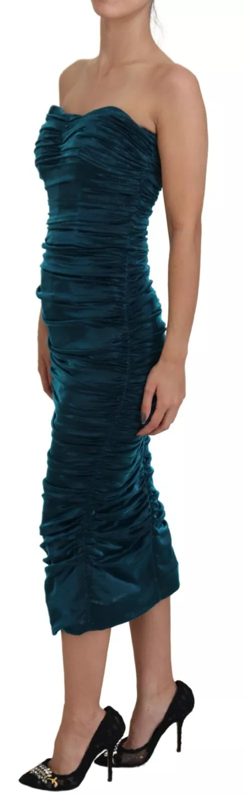 Dolce & Gabbana Silk Blend Blue Satin Fitted Strapless Dress | Regal Royce