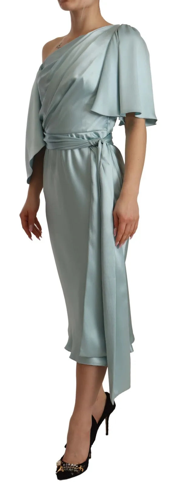 Dolce & Gabbana Silk Mint Green Fit Cut One Shoulder Midi Dress | Regal Royce