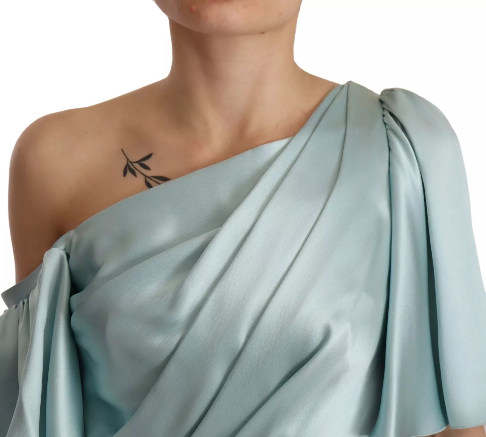 Dolce & Gabbana Silk Mint Green Fit Cut One Shoulder Midi Dress | Regal Royce