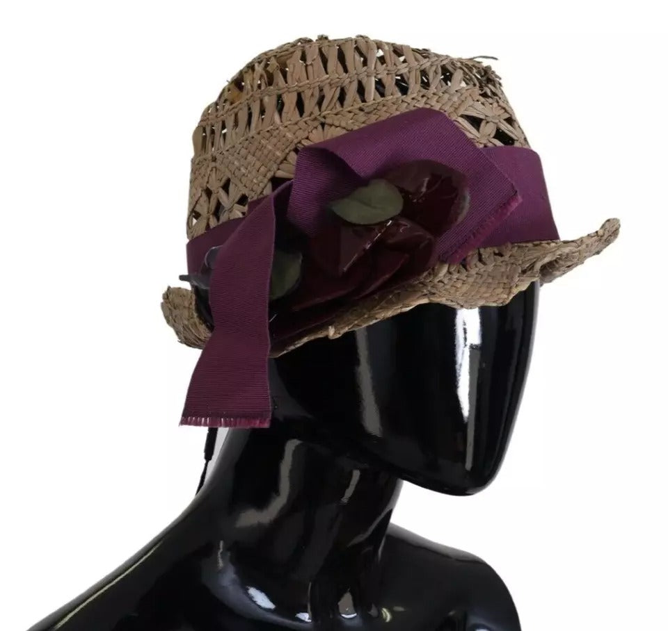 Dolce & Gabbana Brown Ribbon Floral Embellished Straw Hat | Regal Royce