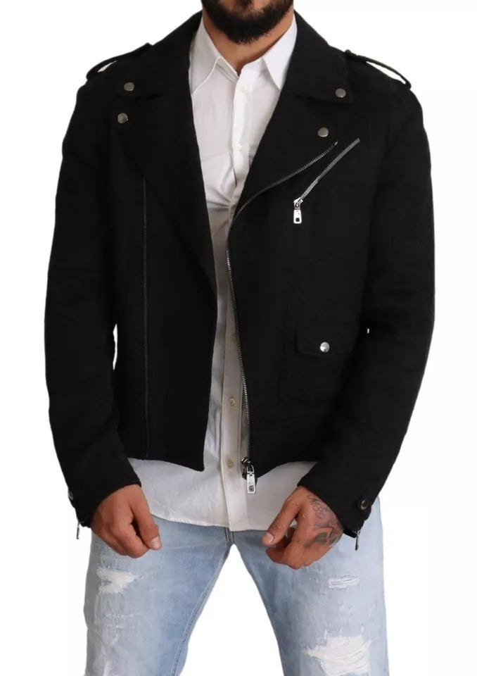 Dolce & Gabbana Black Brocade Full Zip Biker Coat Jacket | Regal Royce