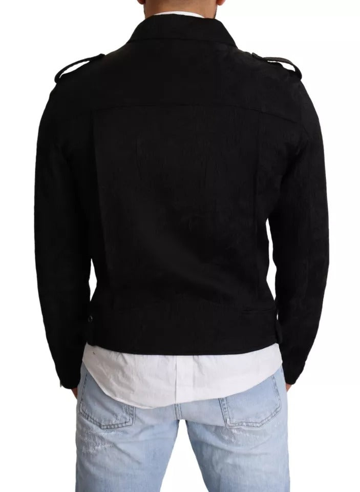 Dolce & Gabbana Black Brocade Full Zip Biker Coat Jacket | Regal Royce