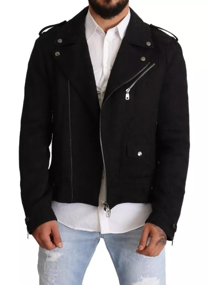 Dolce & Gabbana Black Brocade Full Zip Biker Coat Jacket | Regal Royce