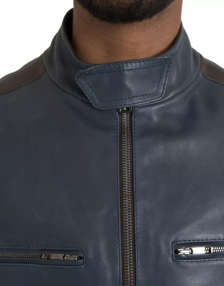 Dolce & Gabbana Blue Leather Full Zip Biker Blouson Jacket | Regal Royce