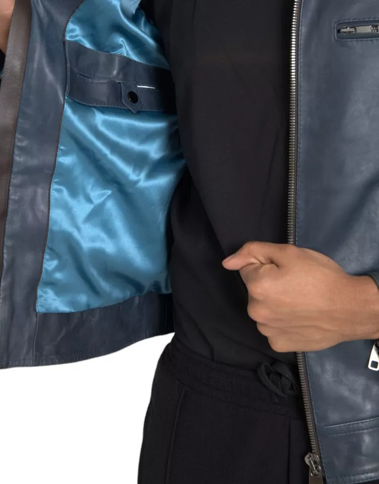 Dolce & Gabbana Blue Leather Full Zip Biker Blouson Jacket | Regal Royce