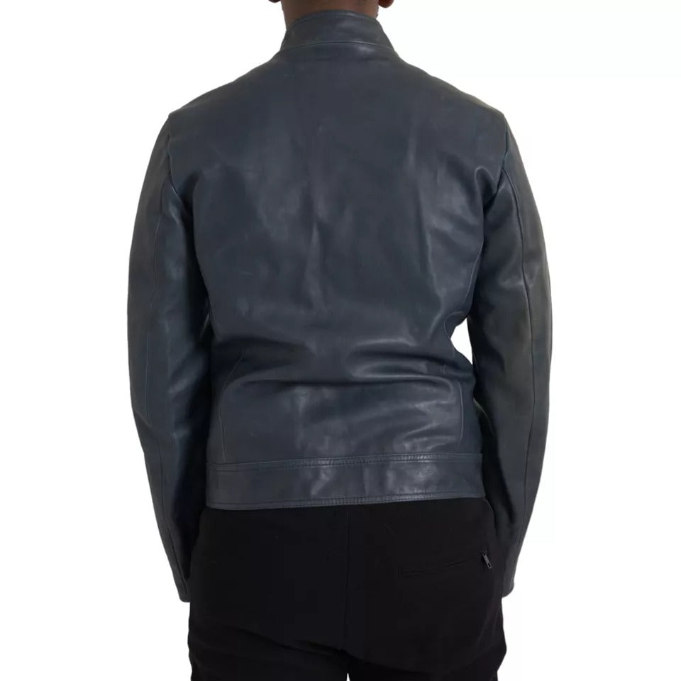 Dolce & Gabbana Blue Leather Full Zip Biker Blouson Jacket | Regal Royce