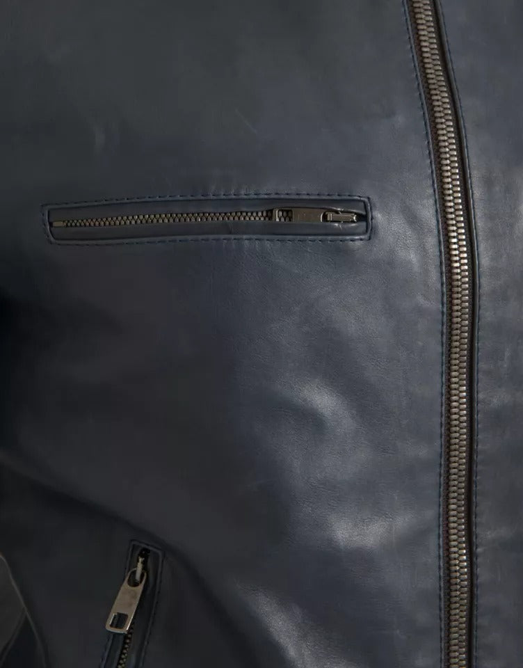 Dolce & Gabbana Blue Leather Full Zip Biker Blouson Jacket | Regal Royce