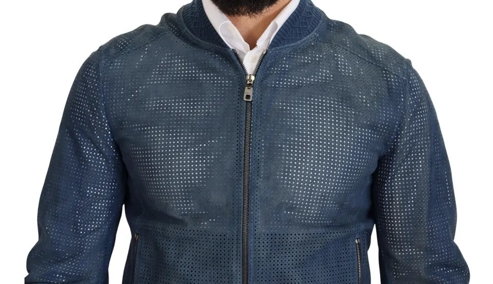 Dolce & Gabbana Blue Leather Perforated Full Zip Jacket | Regal Royce