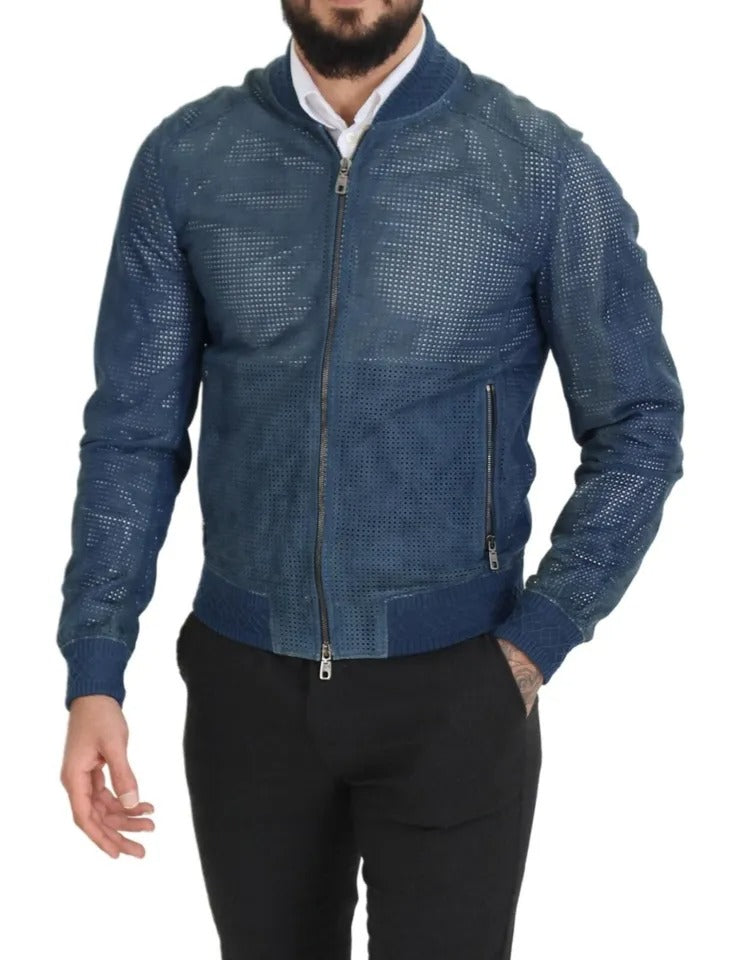 Dolce & Gabbana Blue Leather Perforated Full Zip Jacket | Regal Royce