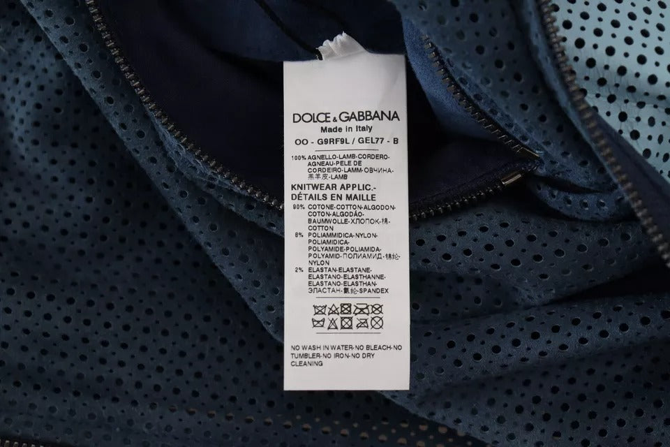 Dolce & Gabbana Blue Leather Perforated Full Zip Jacket | Regal Royce