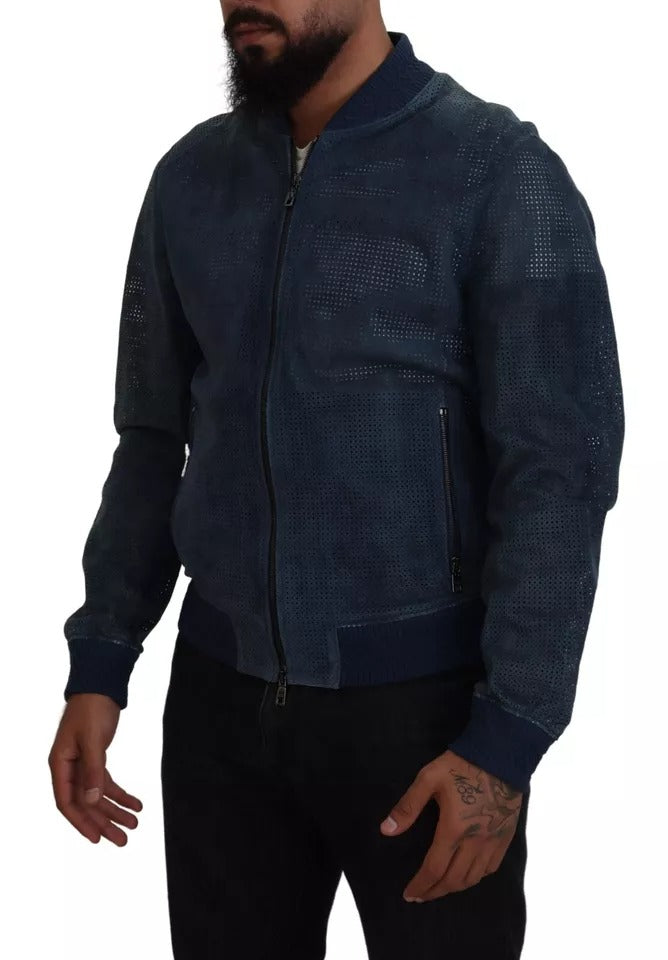 Dolce & Gabbana Blue Leather Perforated Full Zip Jacket | Regal Royce