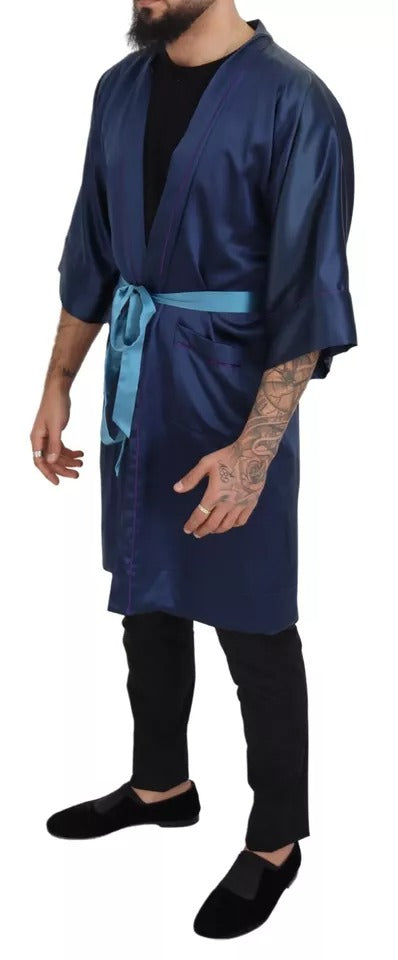 Dolce & Gabbana Blue Satin Silk Waist Belt Robe Jacket | Regal Royce