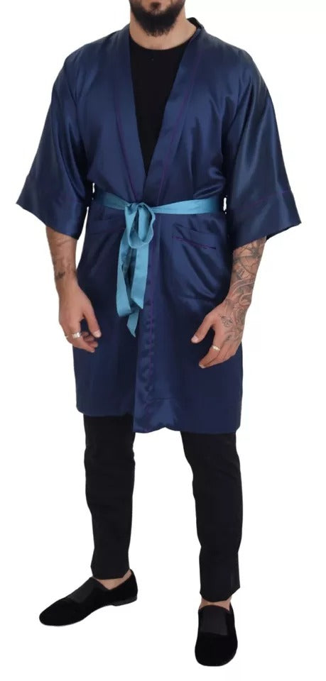 Dolce & Gabbana Blue Satin Silk Waist Belt Robe Jacket | Regal Royce