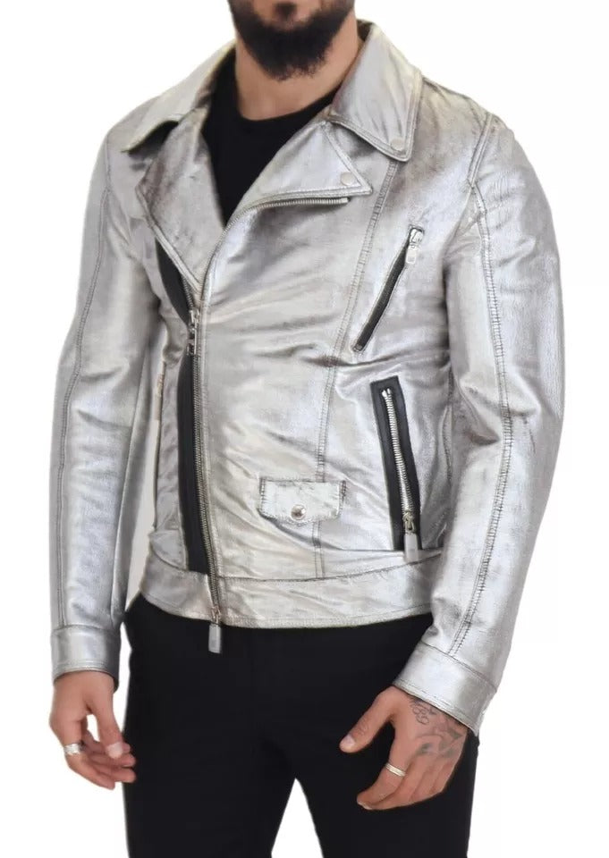 Dolce & Gabbana Silver Leather Biker Coat Lambskin Jacket | Regal Royce