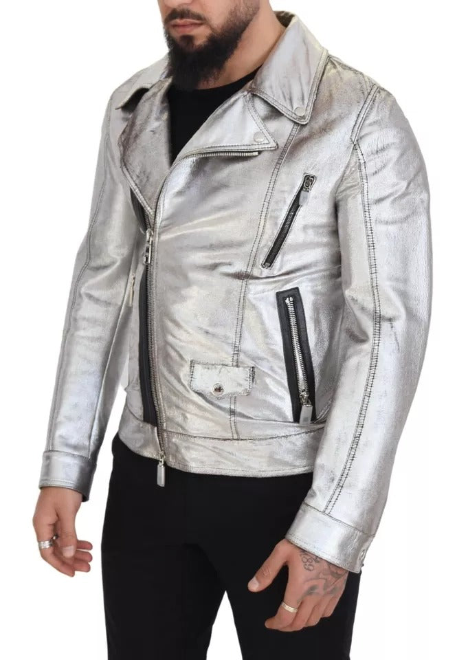 Dolce & Gabbana Silver Leather Biker Coat Lambskin Jacket | Regal Royce