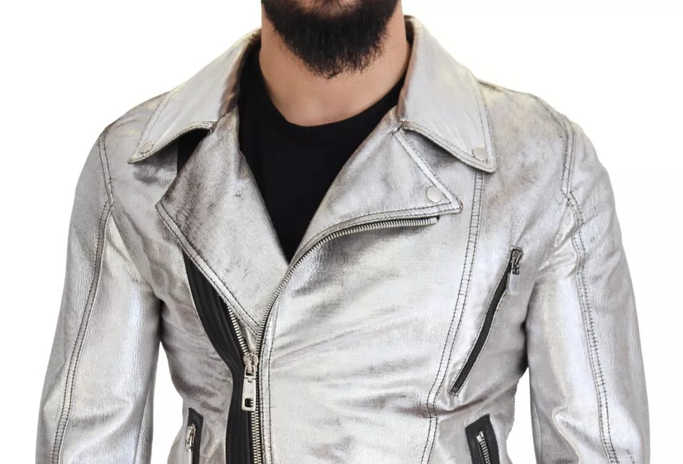 Dolce & Gabbana Silver Leather Biker Coat Lambskin Jacket | Regal Royce