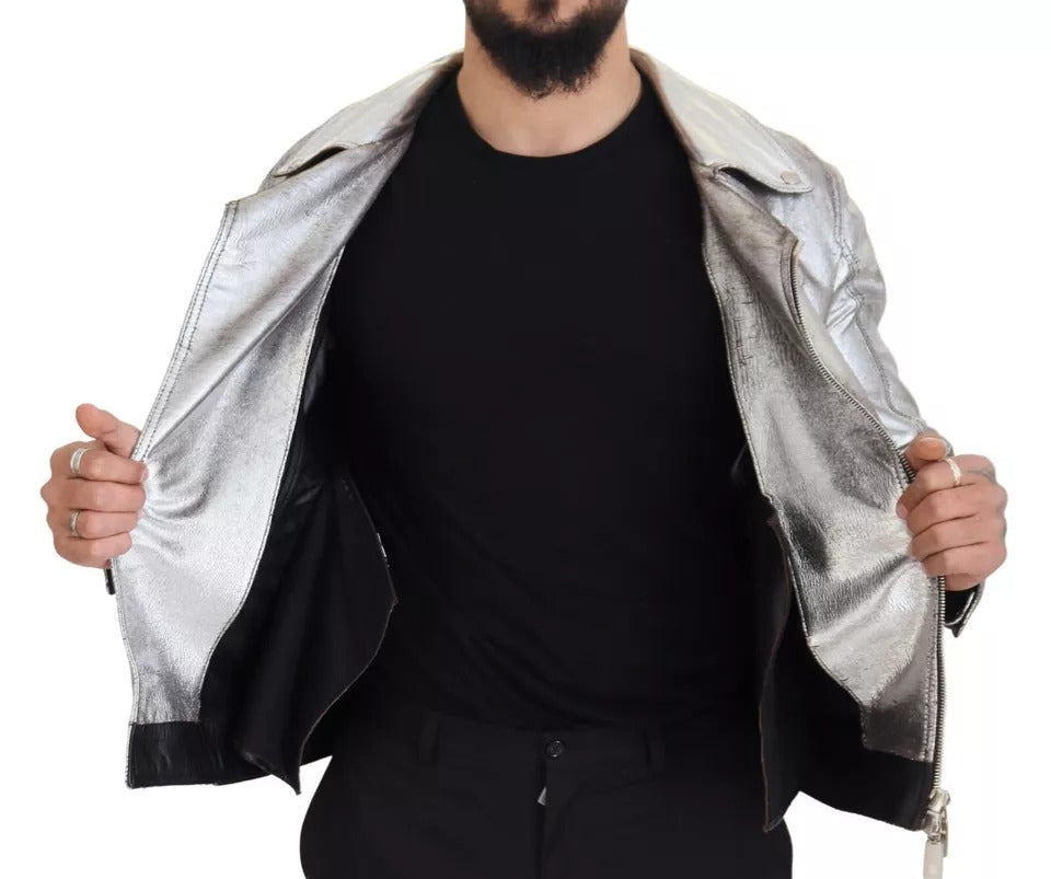 Dolce & Gabbana Silver Leather Biker Coat Lambskin Jacket | Regal Royce