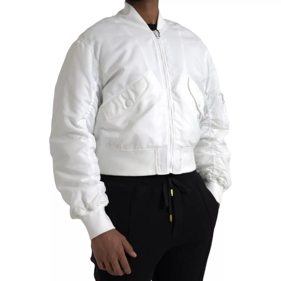 Dolce & Gabbana White Bomber Long Sleeves Full Zip Jacket | Regal Royce