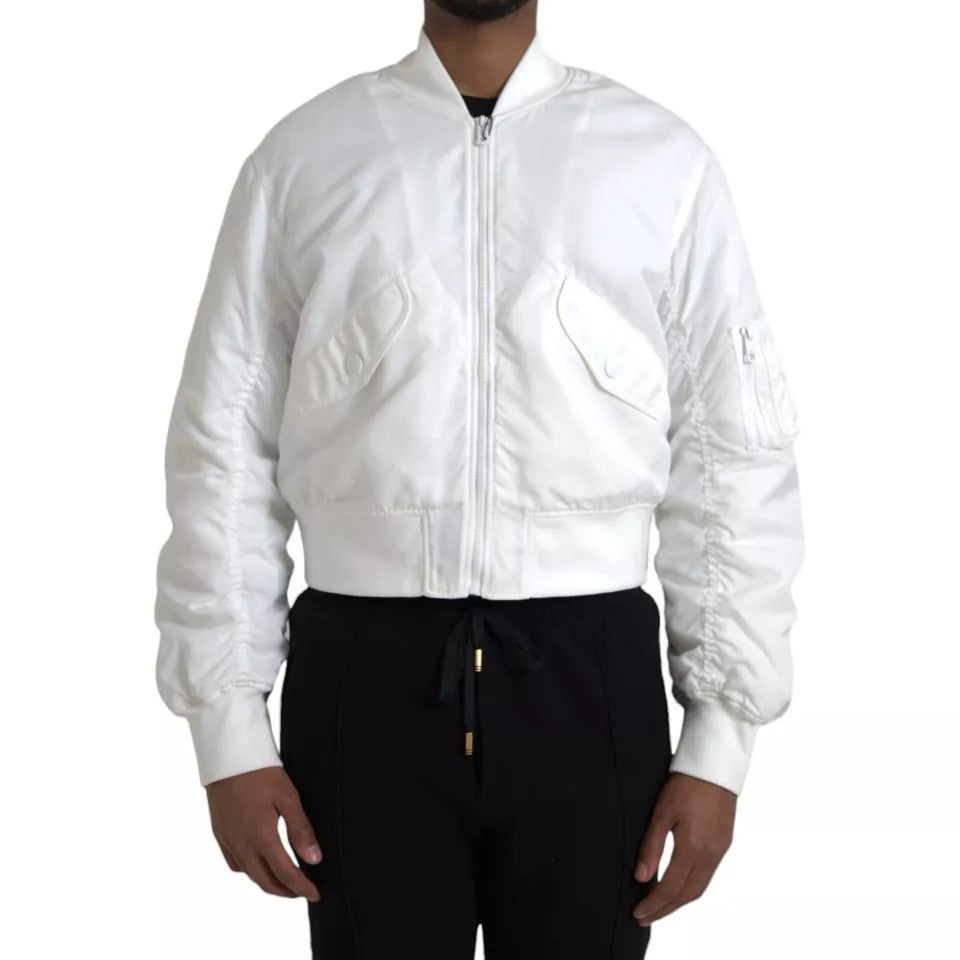 Dolce & Gabbana White Bomber Long Sleeves Full Zip Jacket | Regal Royce