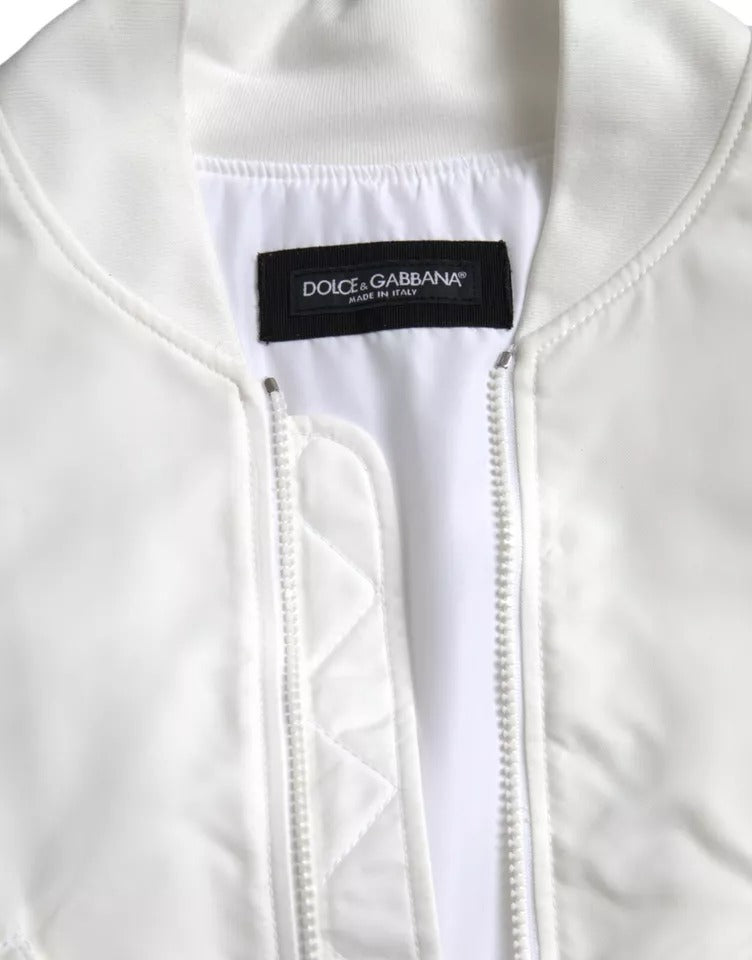 Dolce & Gabbana White Bomber Long Sleeves Full Zip Jacket | Regal Royce
