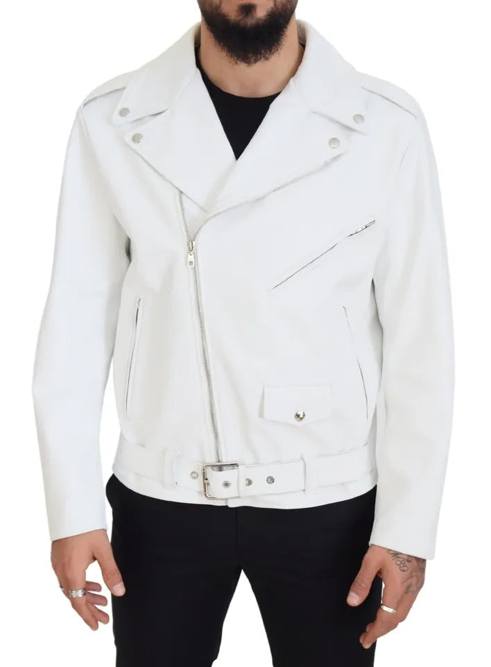 Dolce & Gabbana White Leather Biker Coat Zipper Jacket | Regal Royce