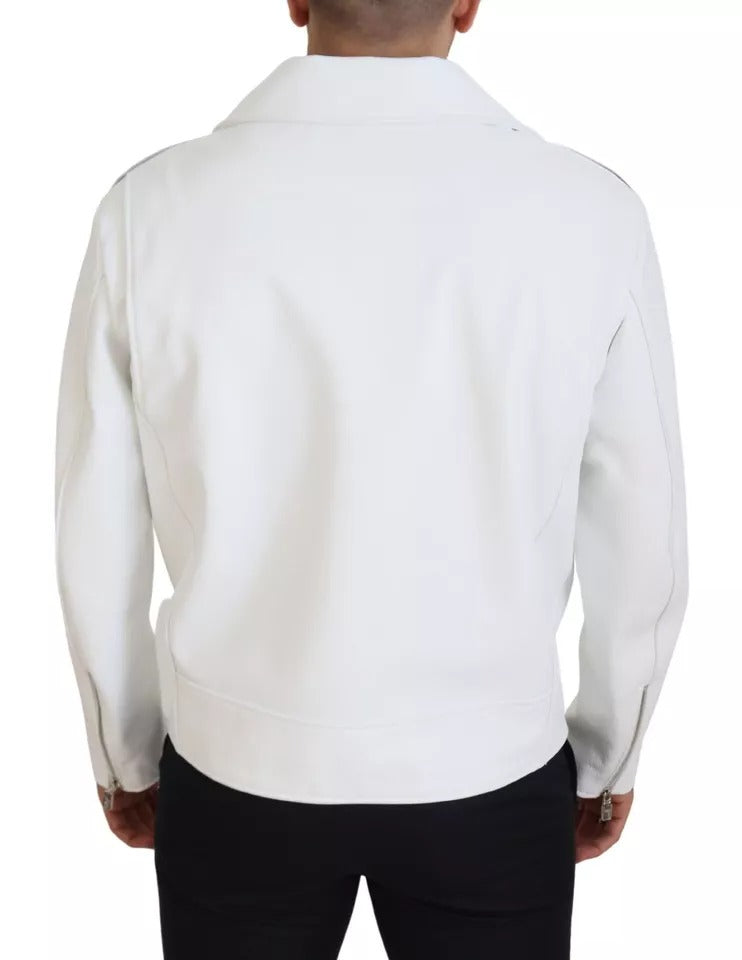 Dolce & Gabbana White Leather Biker Coat Zipper Jacket | Regal Royce
