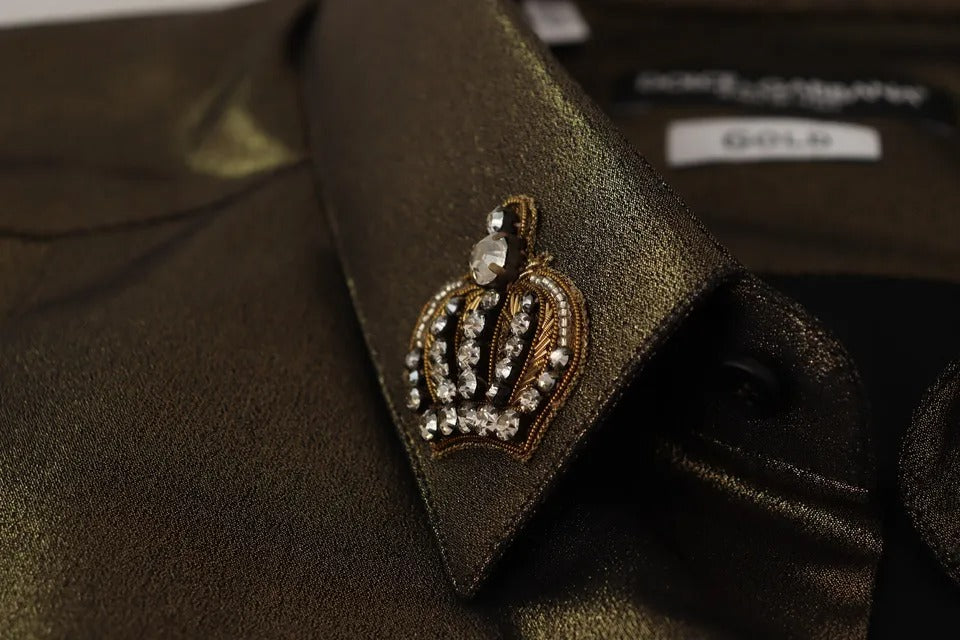 Dolce & Gabbana Metallic Gold DG Embroidered Crown Silk Top Shirt | Regal Royce
