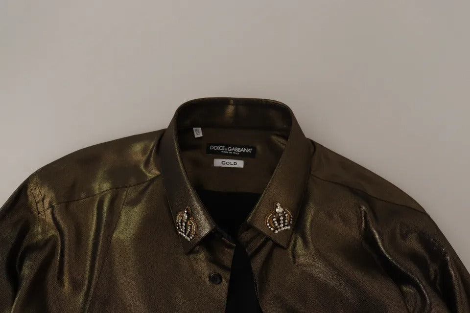 Dolce & Gabbana Metallic Gold DG Embroidered Crown Silk Top Shirt | Regal Royce