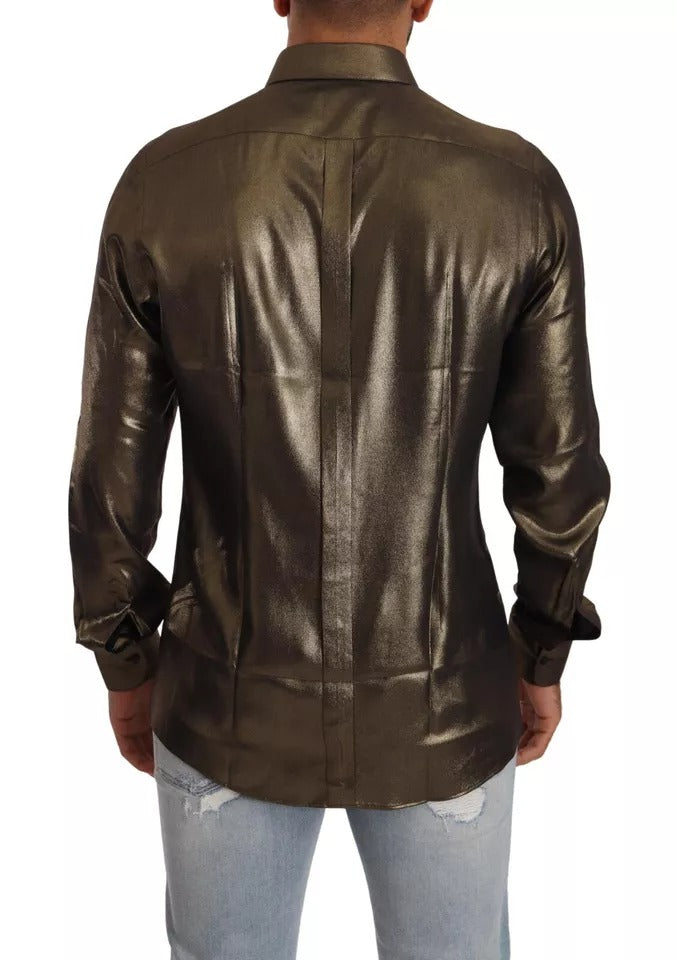 Dolce & Gabbana Metallic Gold DG Embroidered Crown Silk Top Shirt | Regal Royce