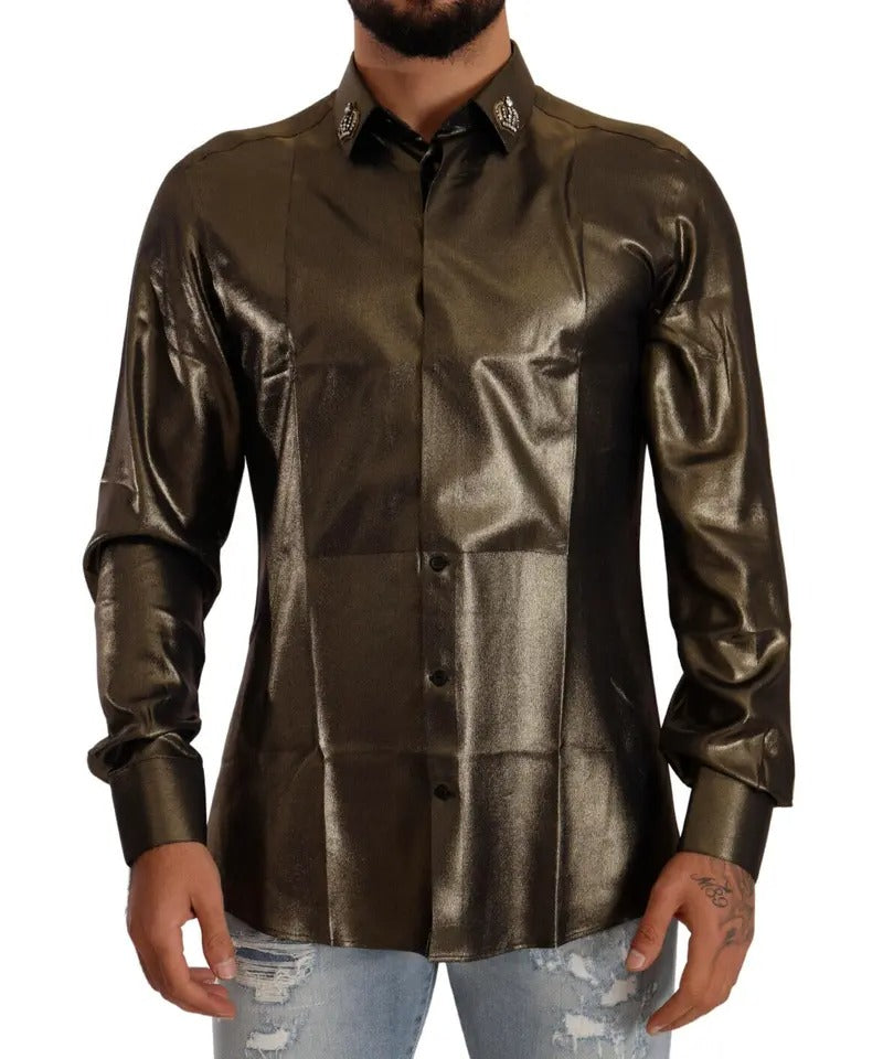 Dolce & Gabbana Metallic Gold DG Embroidered Crown Silk Top Shirt | Regal Royce