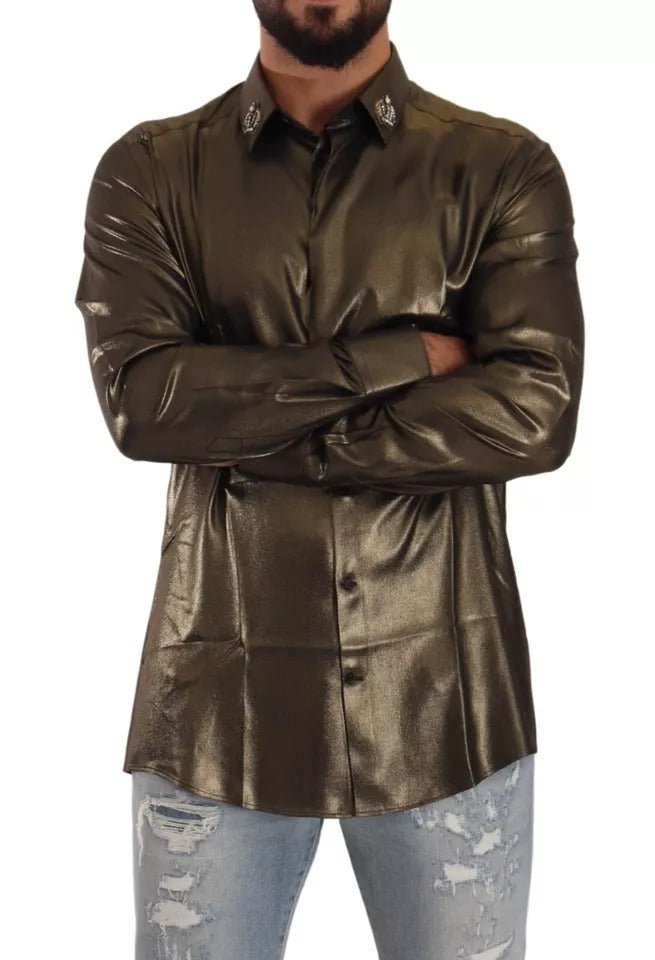 Dolce & Gabbana Metallic Gold DG Embroidered Crown Silk Top Shirt | Regal Royce