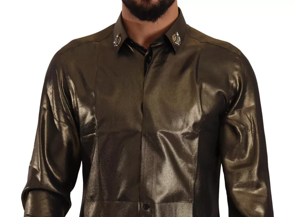 Dolce & Gabbana Metallic Gold DG Embroidered Crown Silk Top Shirt | Regal Royce