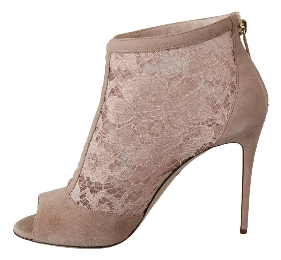 Dolce & Gabbana Beige Lace Suede Peep Toe Ankle Boots Shoes | Regal Royce
