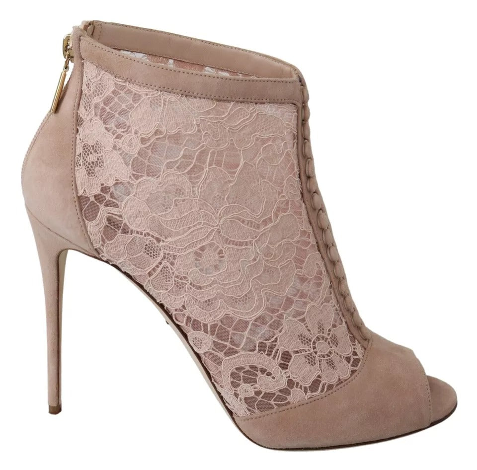 Dolce & Gabbana Beige Lace Suede Peep Toe Ankle Boots Shoes | Regal Royce