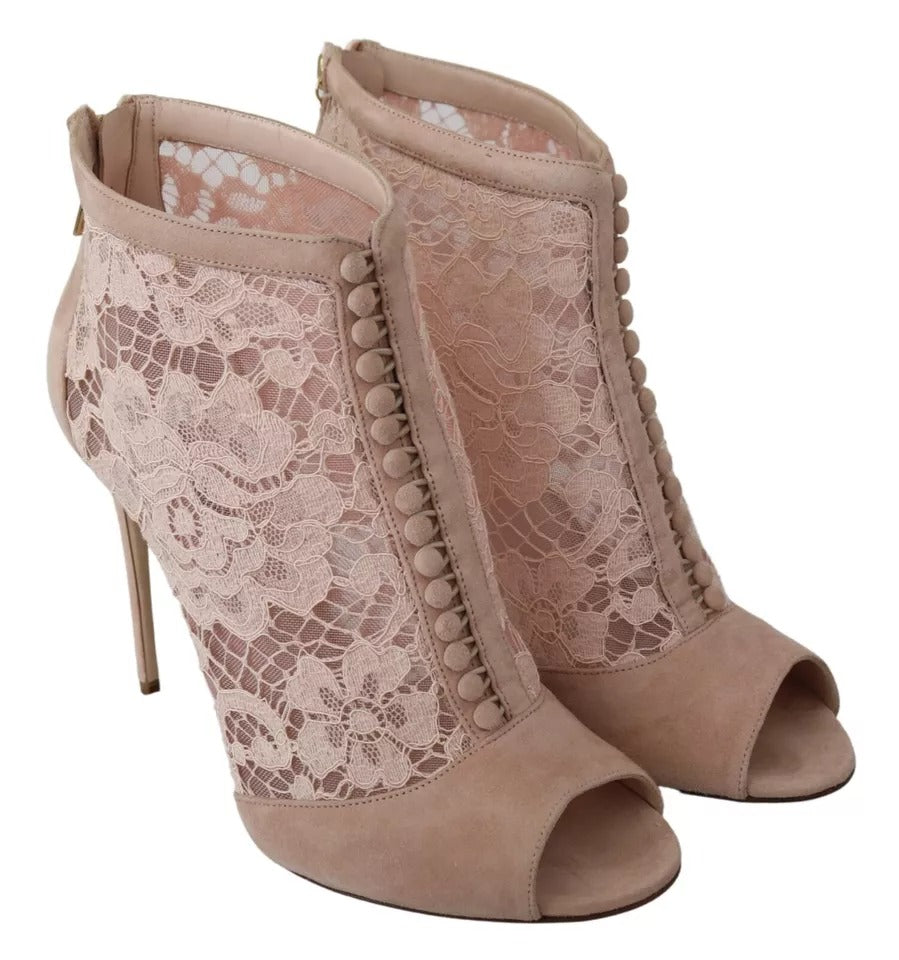 Dolce & Gabbana Beige Lace Suede Peep Toe Ankle Boots Shoes | Regal Royce