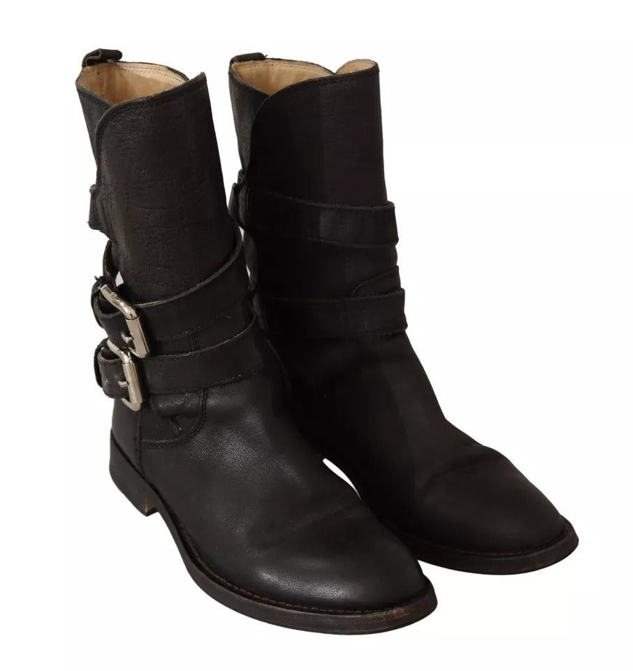 Dolce & Gabbana Black Leather Buckle Mid Calf Boots Shoes | Regal Royce