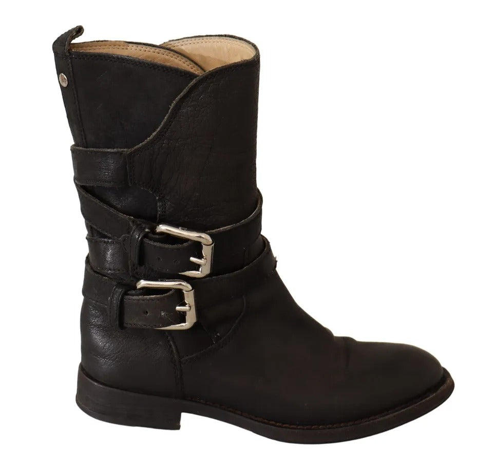 Dolce & Gabbana Black Leather Buckle Mid Calf Boots Shoes | Regal Royce
