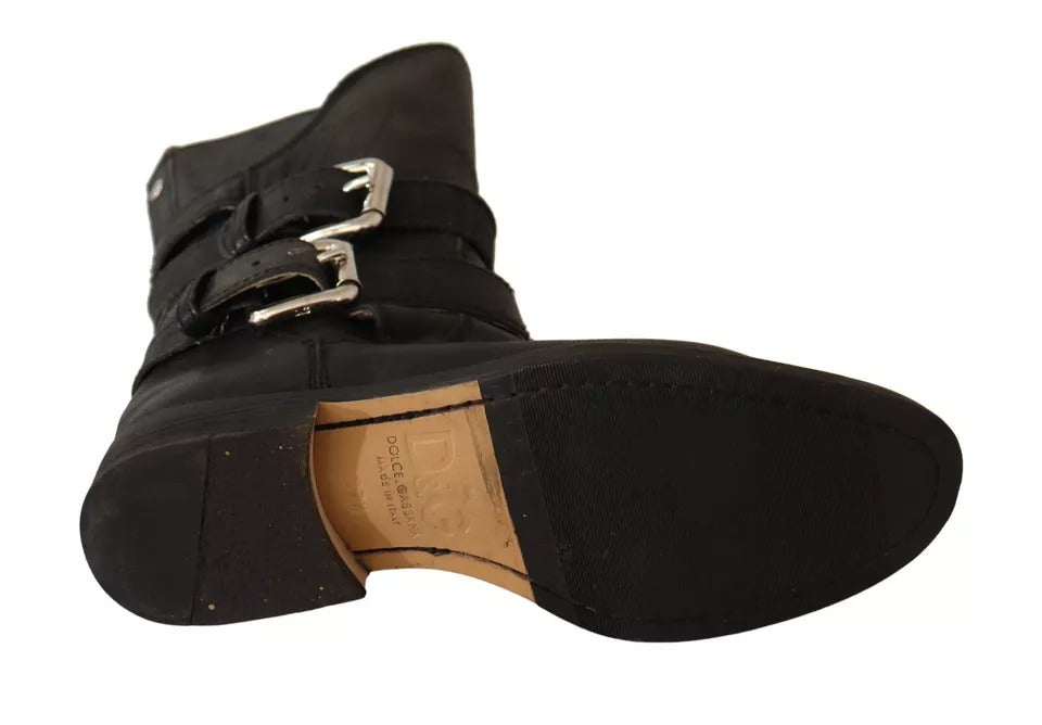Dolce & Gabbana Black Leather Buckle Mid Calf Boots Shoes | Regal Royce