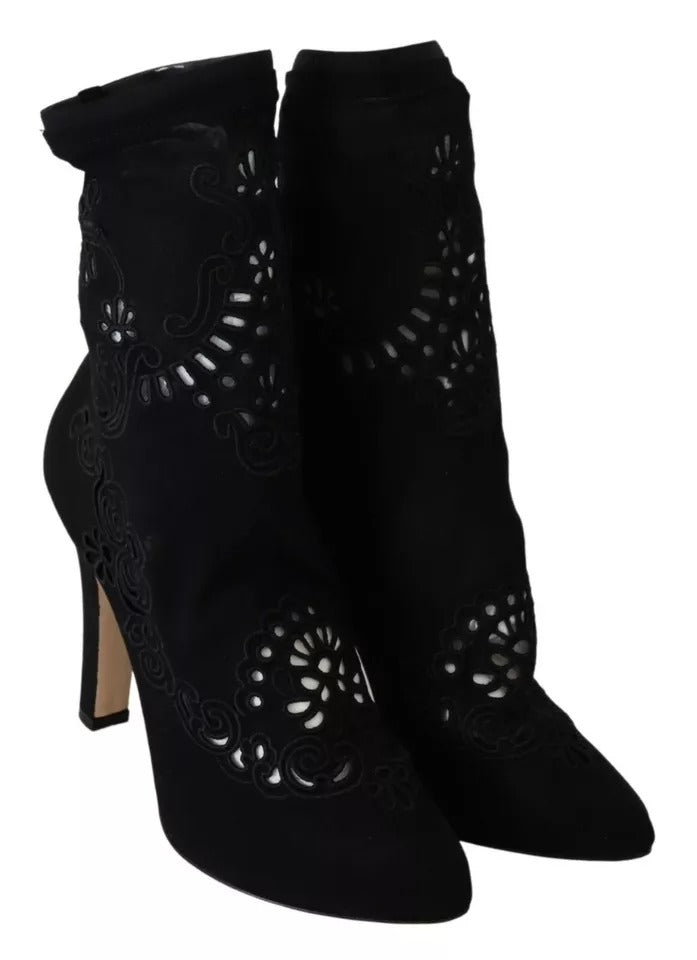 Dolce & Gabbana Black Stretch Pumps Boots Floral Lace Shoes | Regal Royce