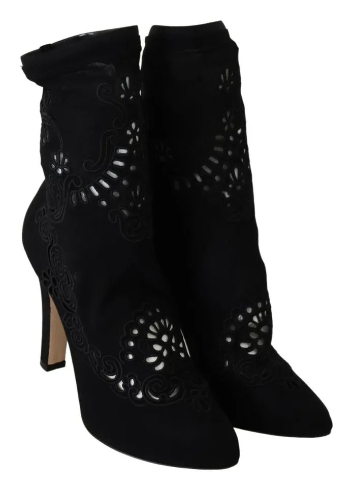 Dolce & Gabbana Black Stretch Pumps Boots Floral Lace Shoes | Regal Royce