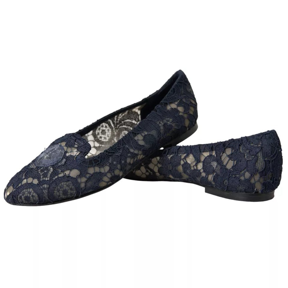 Dolce & Gabbana Dark Blue Taormina Lace Slip On Flats Shoes | Regal Royce