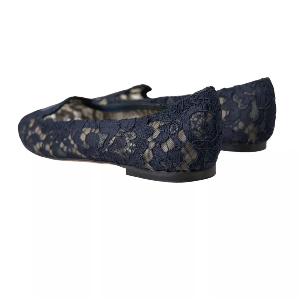 Dolce & Gabbana Dark Blue Taormina Lace Slip On Flats Shoes | Regal Royce