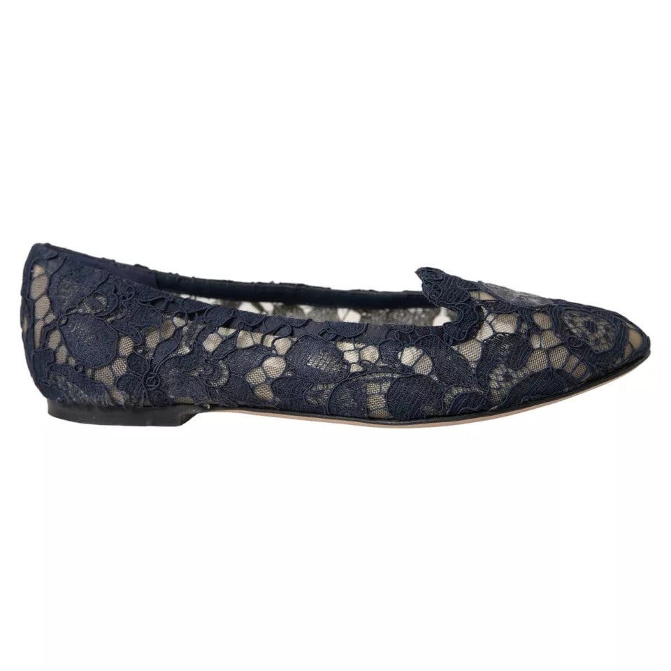 Dolce & Gabbana Dark Blue Taormina Lace Slip On Flats Shoes | Regal Royce