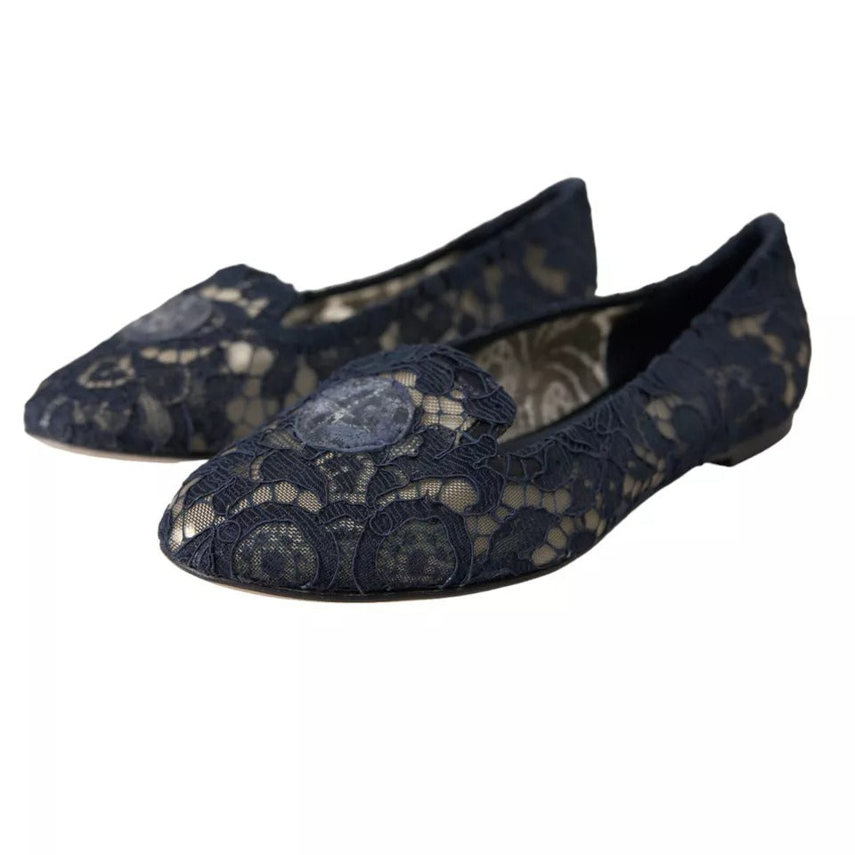 Dolce & Gabbana Dark Blue Taormina Lace Slip On Flats Shoes | Regal Royce