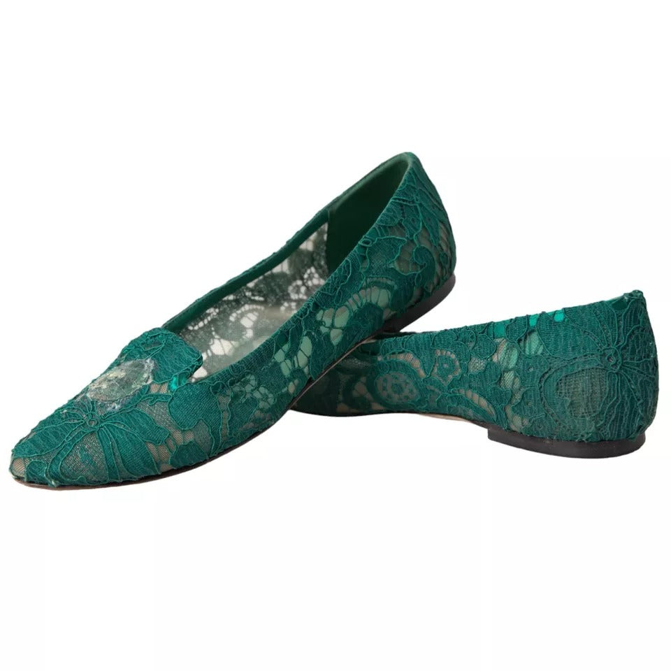 Dolce & Gabbana Green Taormina Lace Slip On Flats Shoes | Regal Royce