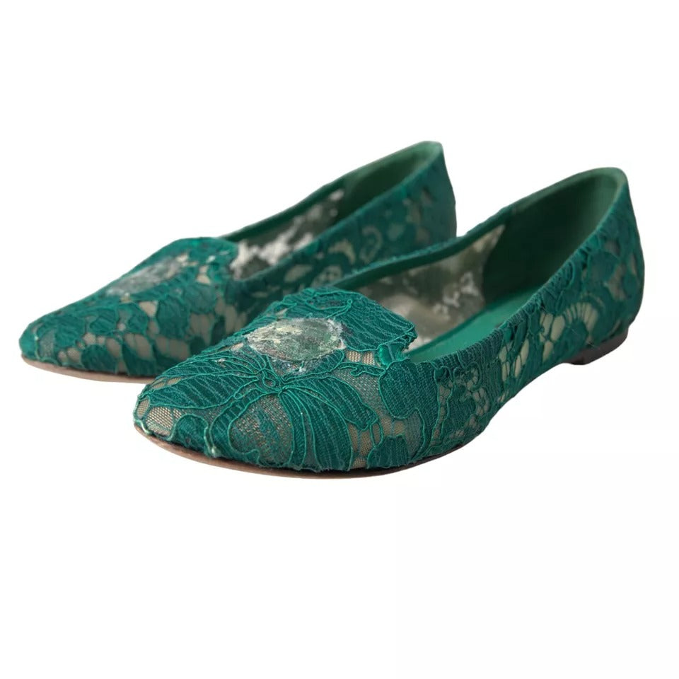 Dolce & Gabbana Green Taormina Lace Slip On Flats Shoes | Regal Royce