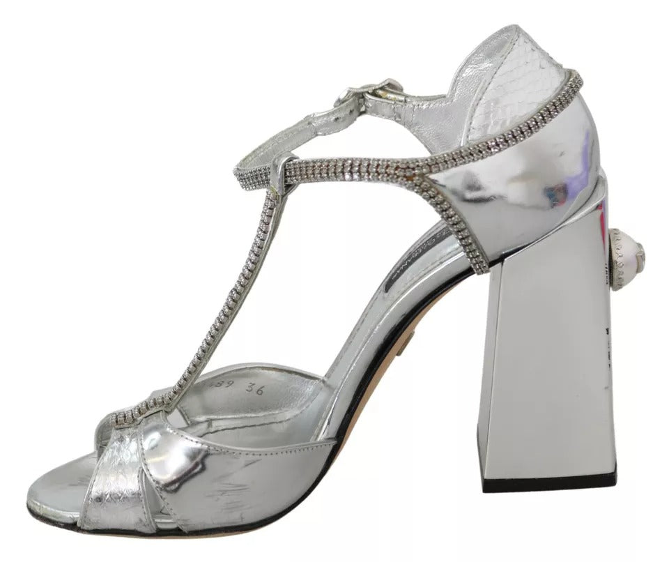Dolce & Gabbana Silver Crystals T-strap Sandals Leather Shoes | Regal Royce