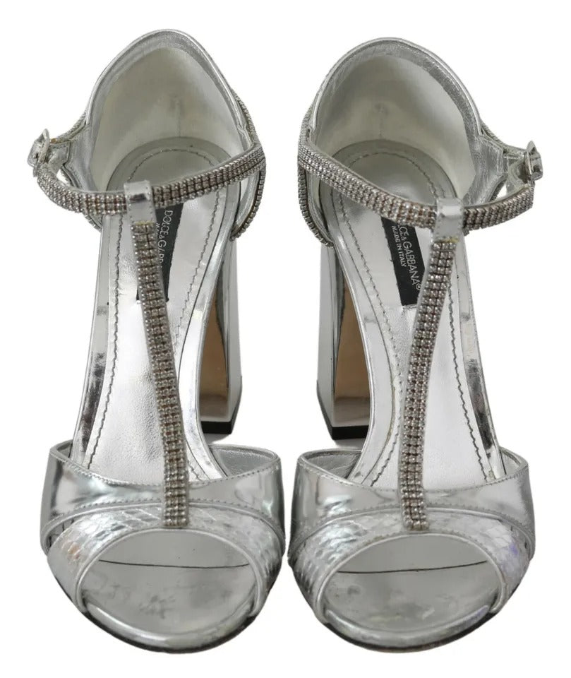 Dolce & Gabbana Silver Crystals T-strap Sandals Leather Shoes | Regal Royce