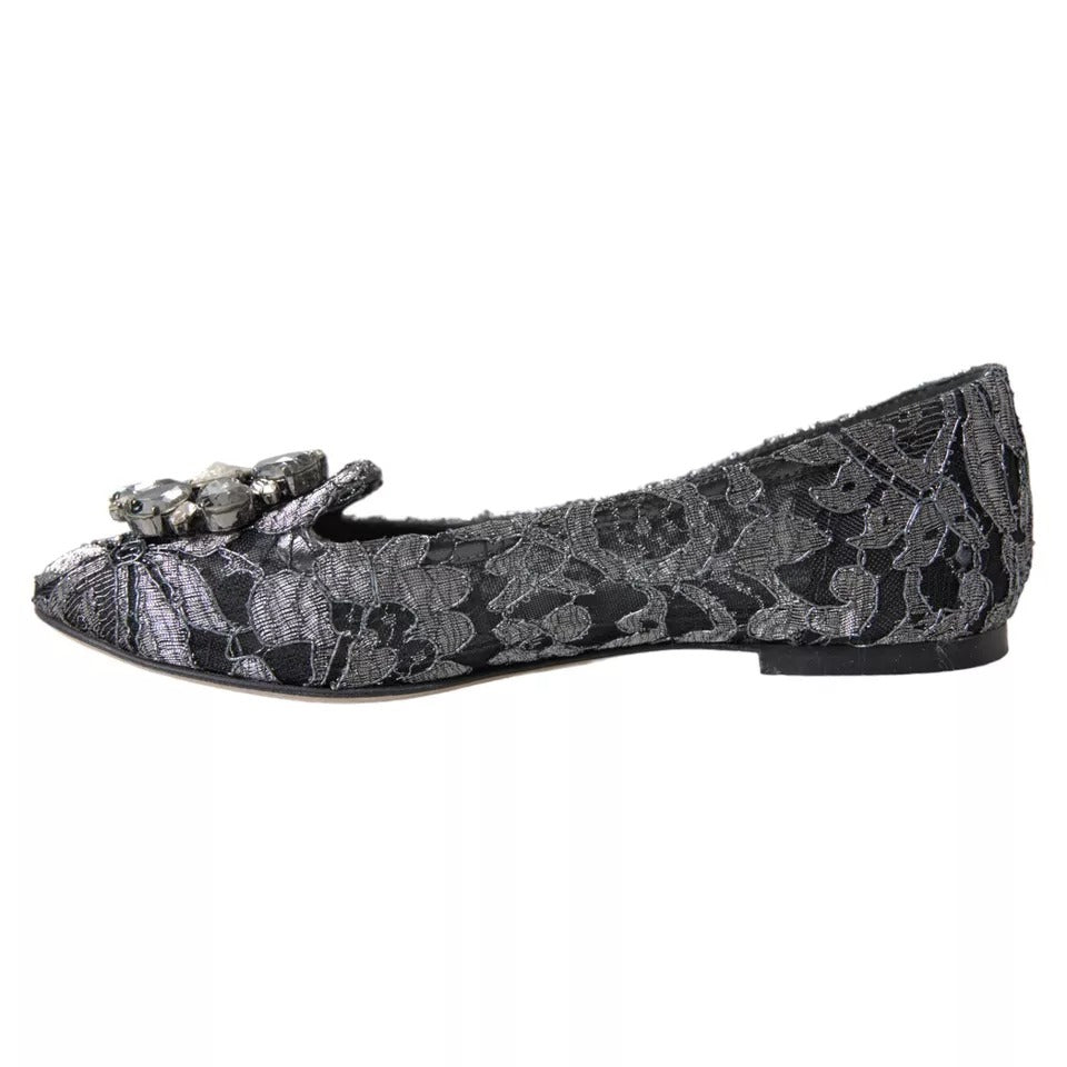 Dolce & Gabbana Gray Black Lace Crystal Ballet Loafers Shoes | Regal Royce