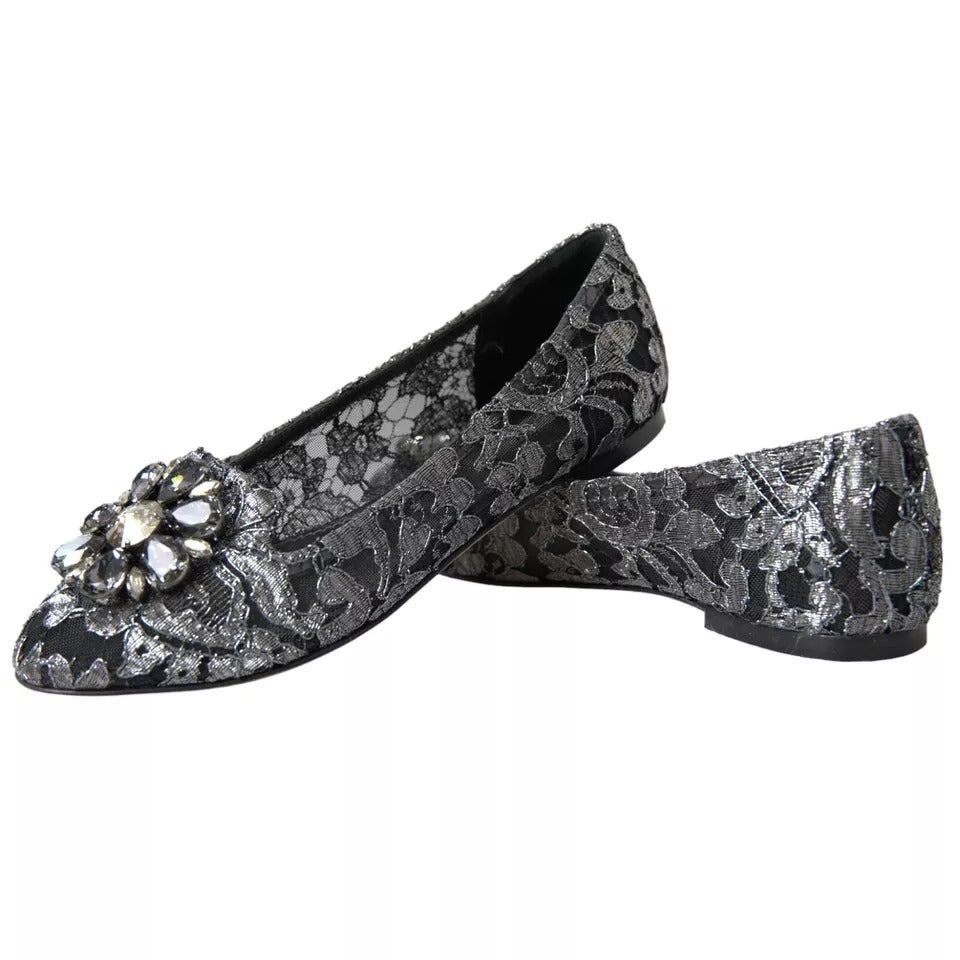 Dolce & Gabbana Gray Black Lace Crystal Ballet Loafers Shoes | Regal Royce